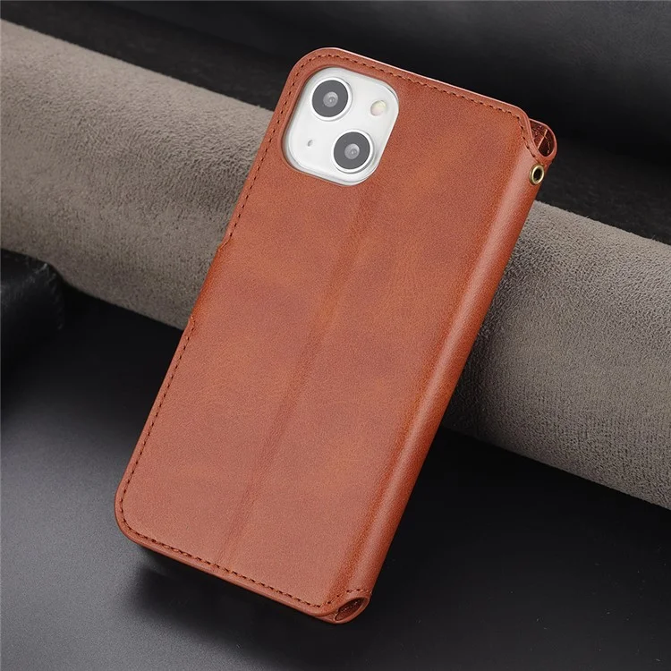 Azns Magnetic Snap Fall Prevention Wallet Design Protective Leather Phone Cover Bracket For Iphone 13 6.1 In - Brun