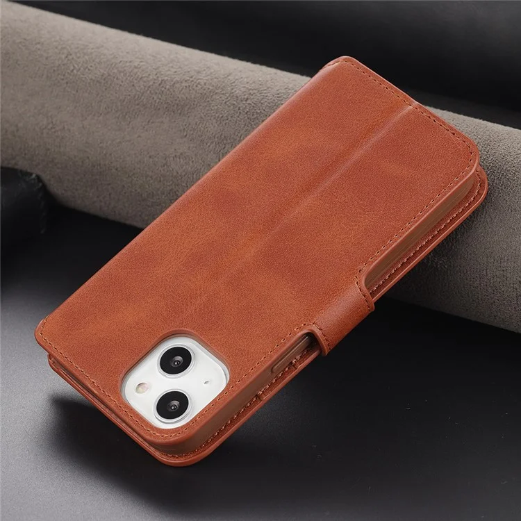 Azns Magnetic Snap Fall Prevention Wallet Design Protective Leather Phone Cover Bracket For Iphone 13 6.1 In - Brun