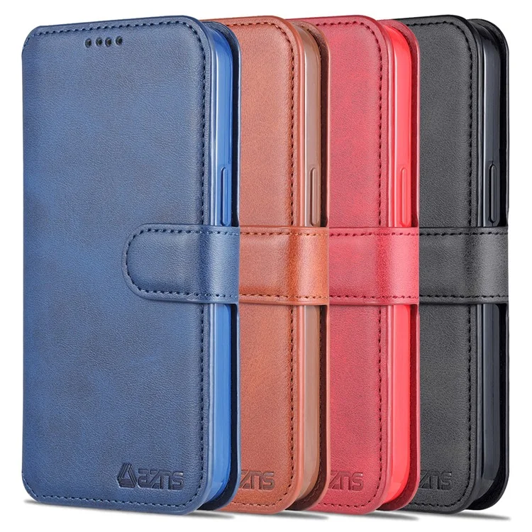 Azns Magnetic Snap Fall Prevention Wallet Design Protective Leather Phone Cover Bracket For Iphone 13 6.1 In - Brun