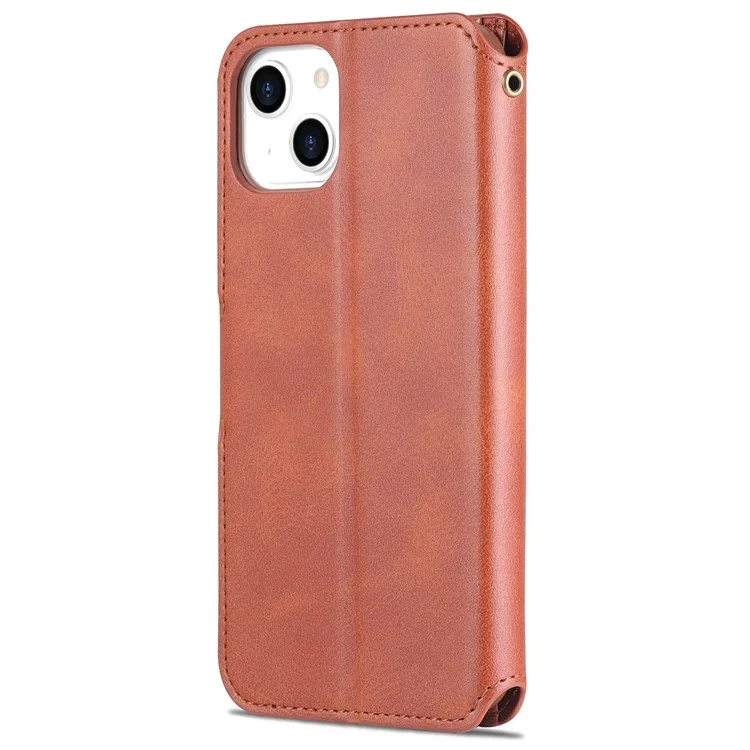 Azns Magnetic Snap Fall Prevention Wallet Design Protective Leather Phone Cover Bracket For Iphone 13 6.1 In - Brun