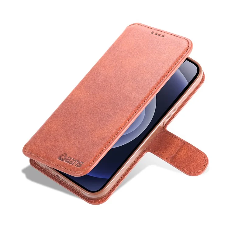 Azns Magnetic Snap Fall Prevention Wallet Design Protective Leather Phone Cover Bracket For Iphone 13 6.1 In - Brun