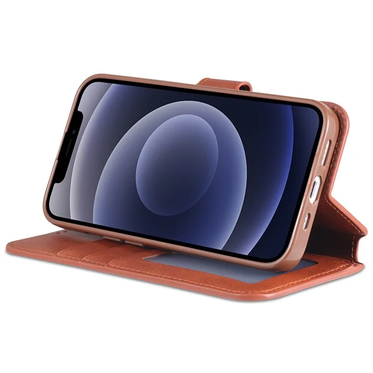 AZNS Magnetic Clasp Anti-Fall Wallet Design Protective Leather Phone Cover Stand Case for iPhone 13 6.1 inch - Brown