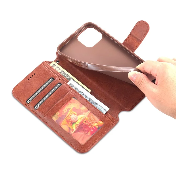 AZNS Magnetic Clasp Anti-Fall Wallet Design Protective Leather Phone Cover Stand Case for iPhone 13 6.1 inch - Brown