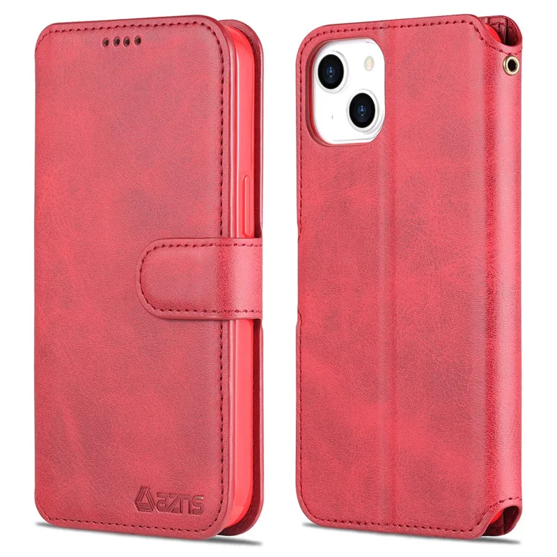 AZNS Magnetic Clasp Anti-Fall Wallet Design Protective Leather Phone Cover Stand Case for iPhone 13 6.1 inch - Red