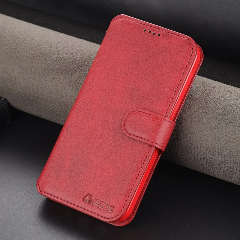 AZNS Magnetic Clasp Anti-Fall Wallet Design Protective Leather Phone Cover Stand Case for iPhone 13 6.1 inch - Red