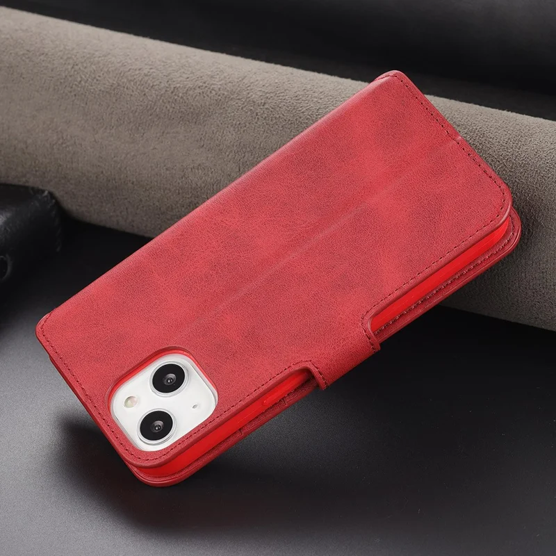 AZNS Magnetic Clasp Anti-Fall Wallet Design Protective Leather Phone Cover Stand Case for iPhone 13 6.1 inch - Red