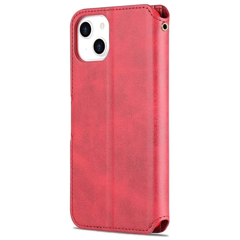 AZNS Magnetic Clasp Anti-Fall Wallet Design Protective Leather Phone Cover Stand Case for iPhone 13 6.1 inch - Red