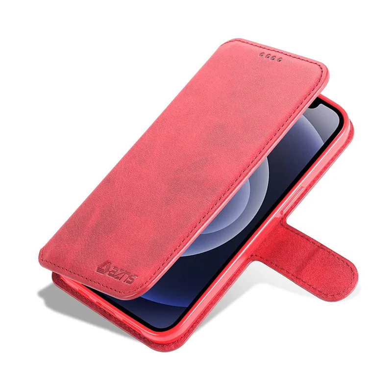 AZNS Magnetic Clasp Anti-Fall Wallet Design Protective Leather Phone Cover Stand Case for iPhone 13 6.1 inch - Red