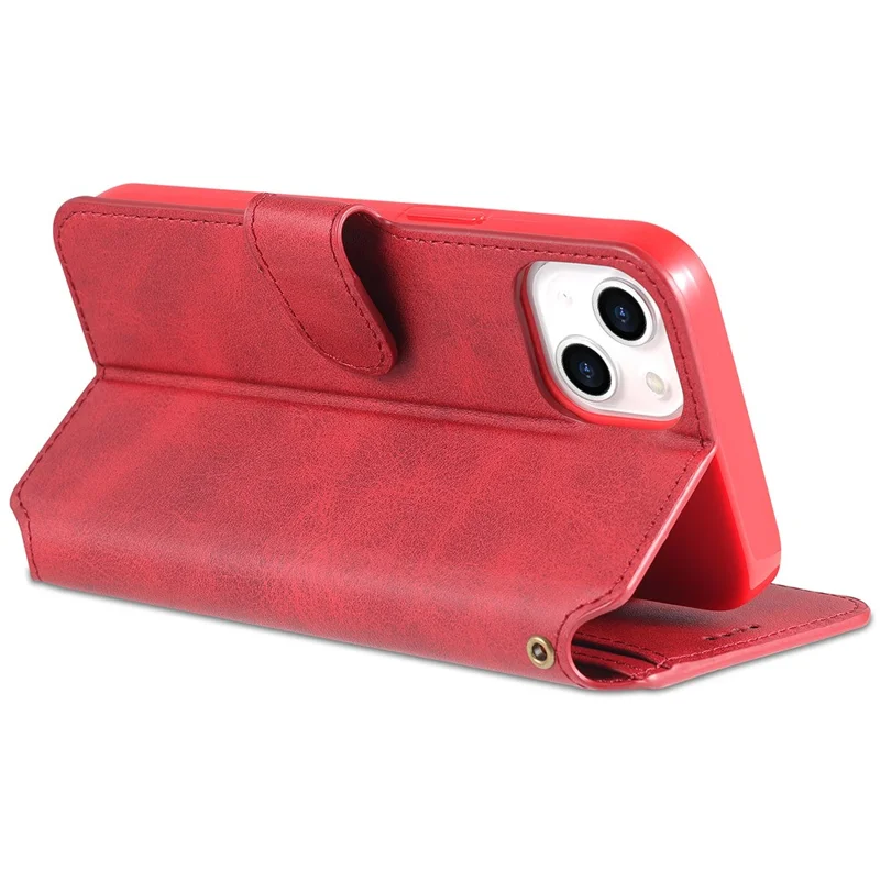 AZNS Magnetic Clasp Anti-Fall Wallet Design Protective Leather Phone Cover Stand Case for iPhone 13 6.1 inch - Red