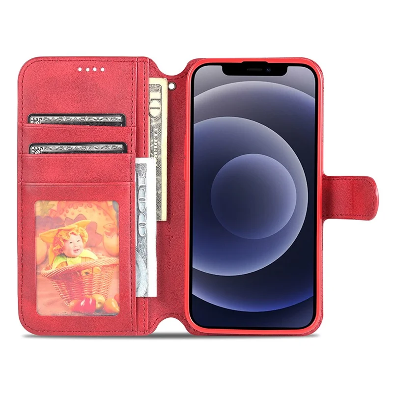 AZNS Magnetic Clasp Anti-Fall Wallet Design Protective Leather Phone Cover Stand Case for iPhone 13 6.1 inch - Red