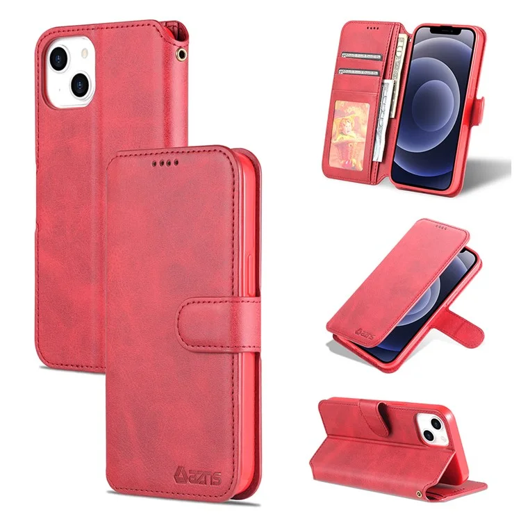 AZNS Магнитный застежка-бумажник Дизайн Stand Anti-Scratch Lightweight Leather Phone Cover Case для iPhone 13 mini 5.4 дюйма - Красный