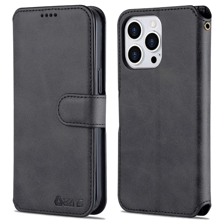 AZNS Wallet Stand Design Anti-Fall Magnetic Clasp Lightweight Leather Phone Cover Case для iPhone 13 Pro Max 6.7 дюймов - Черный