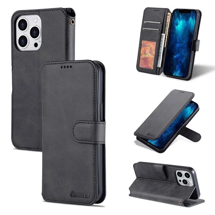 AZNS Wallet Stand Design Anti-Fall Magnetic Clasp Lightweight Leather Phone Cover Case для iPhone 13 Pro Max 6.7 дюймов - Черный