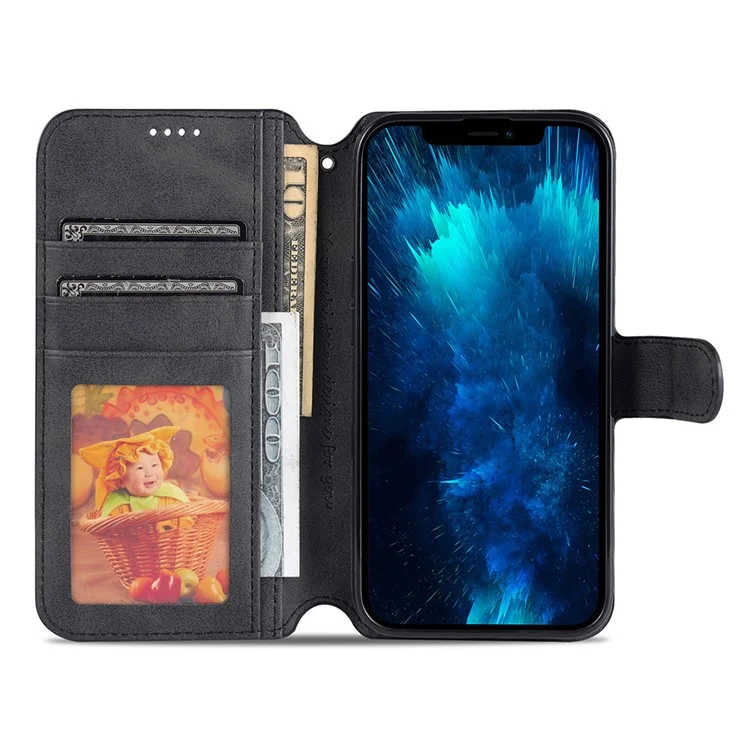 AZNS Wallet Stand Design Anti-Fall Magnetic Clasp Lightweight Leather Phone Cover Case для iPhone 13 Pro Max 6.7 дюймов - Черный