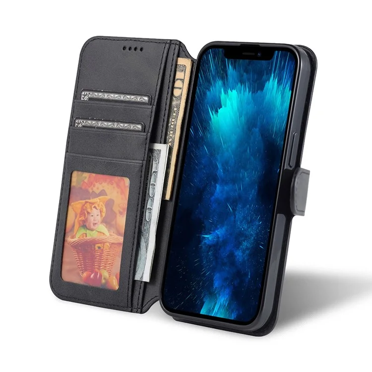 AZNS Wallet Stand Design Anti-Fall Magnetic Clasp Lightweight Leather Phone Cover Case для iPhone 13 Pro Max 6.7 дюймов - Черный