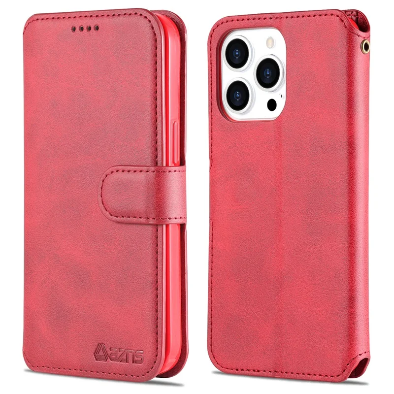 AZNS Wallet Stand Design Anti-Fall Magnetic Clasp Lightweight Leather Phone Cover Case for iPhone 13 Pro Max 6.7 inch - Red