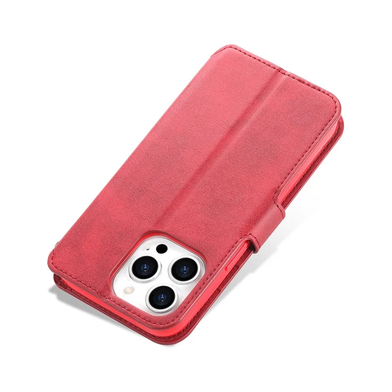AZNS Wallet Stand Design Anti-Fall Magnetic Clasp Lightweight Leather Phone Cover Case for iPhone 13 Pro Max 6.7 inch - Red