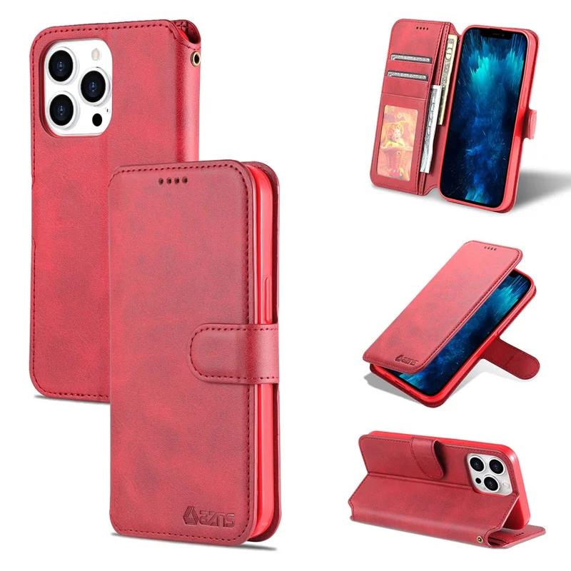 AZNS Wallet Stand Design Anti-Fall Magnetic Clasp Lightweight Leather Phone Cover Case for iPhone 13 Pro Max 6.7 inch - Red