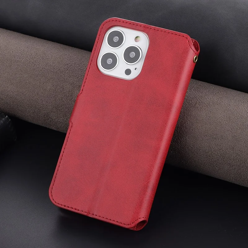 AZNS Wallet Stand Design Anti-Fall Magnetic Clasp Lightweight Leather Phone Cover Case for iPhone 13 Pro Max 6.7 inch - Red