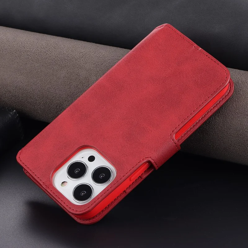 AZNS Wallet Stand Design Anti-Fall Magnetic Clasp Lightweight Leather Phone Cover Case for iPhone 13 Pro Max 6.7 inch - Red