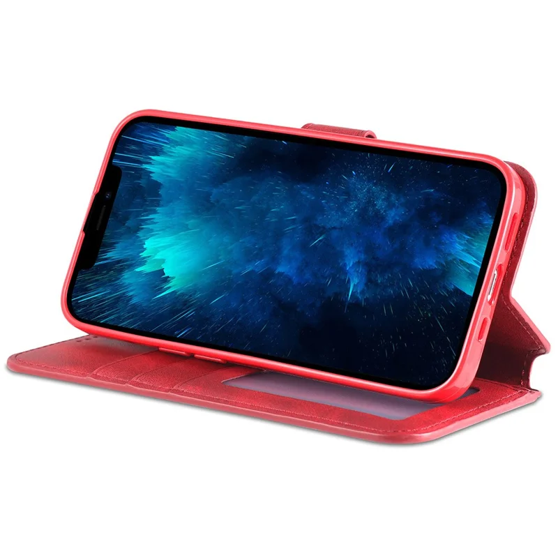 AZNS Wallet Stand Design Anti-Fall Magnetic Clasp Lightweight Leather Phone Cover Case for iPhone 13 Pro Max 6.7 inch - Red