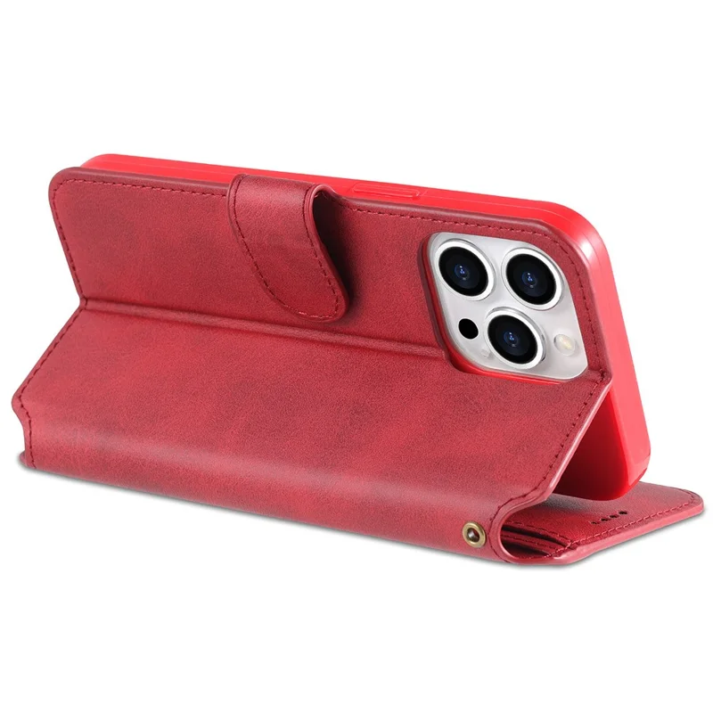 AZNS Wallet Stand Design Anti-Fall Magnetic Clasp Lightweight Leather Phone Cover Case for iPhone 13 Pro Max 6.7 inch - Red