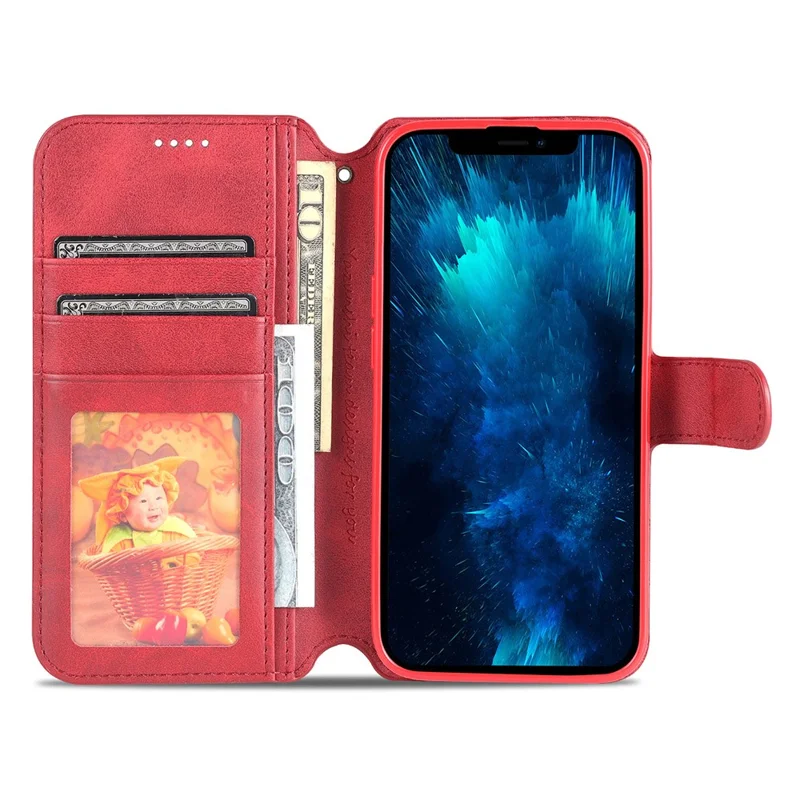 AZNS Wallet Stand Design Anti-Fall Magnetic Clasp Lightweight Leather Phone Cover Case for iPhone 13 Pro Max 6.7 inch - Red