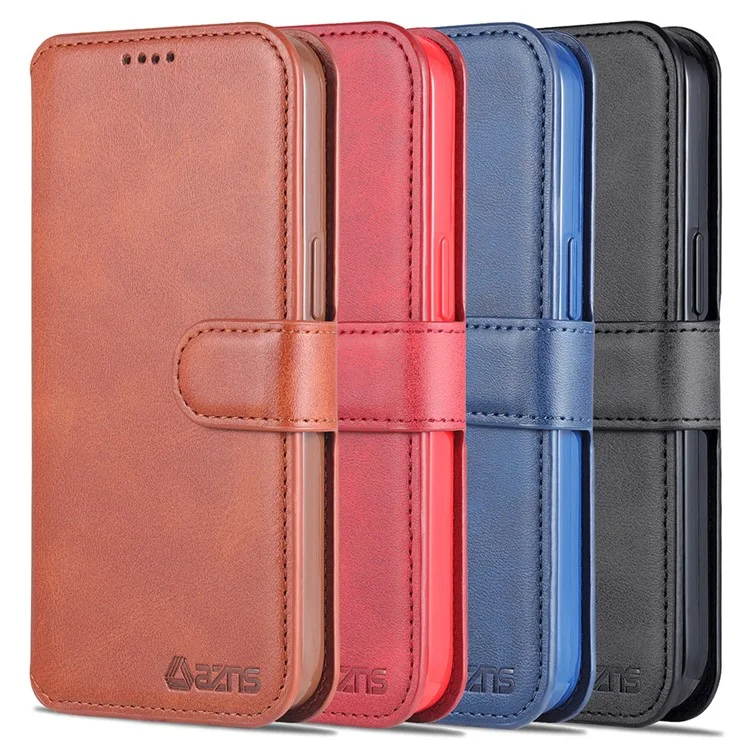 AZNS Wallet Design Magnetic Closure Anti-Fall Shockproof Leather Phone Cover Stand Case for iPhone 13 Pro 6.1 inch - Brown