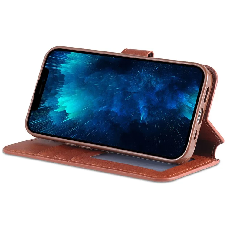 AZNS Wallet Design Magnetic Closure Anti-Fall Shockproof Leather Phone Cover Stand Case for iPhone 13 Pro 6.1 inch - Brown