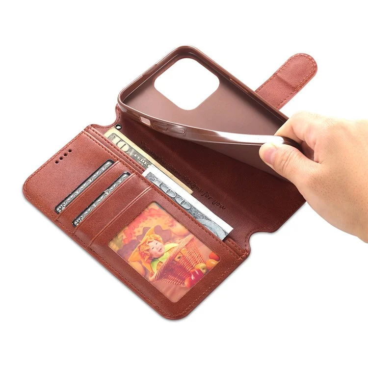 AZNS Wallet Design Magnetic Closure Anti-Fall Shockproof Leather Phone Cover Stand Case for iPhone 13 Pro 6.1 inch - Brown