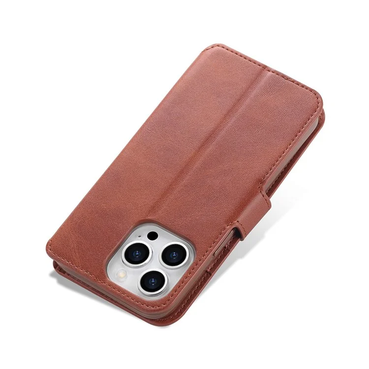 AZNS Wallet Design Magnetic Closure Anti-Fall Shockproof Leather Phone Cover Stand Case for iPhone 13 Pro 6.1 inch - Brown
