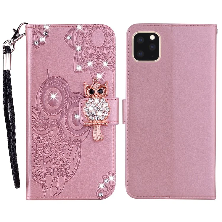 Estojo de Proteção para iPhone 13 Pro 6.1 polegadas com Suporte, Decoração de Coruja com Strass e Couro PU - Rose Gold