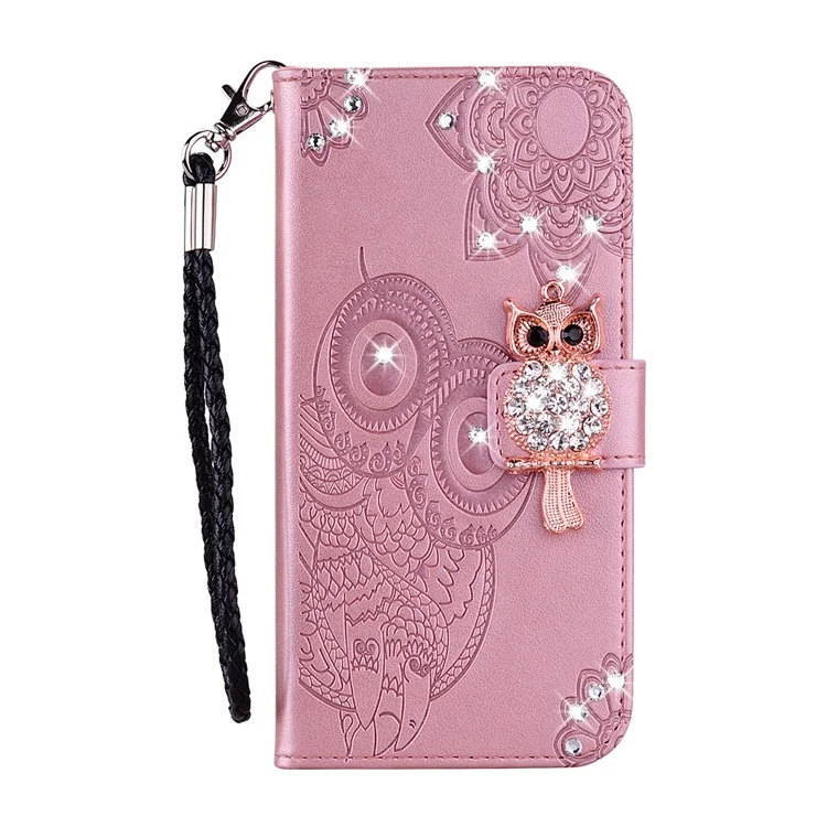 Estojo de Proteção para iPhone 13 Pro 6.1 polegadas com Suporte, Decoração de Coruja com Strass e Couro PU - Rose Gold