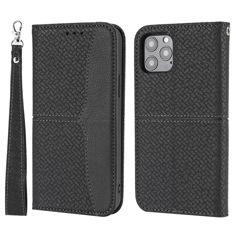 Auto-Absorbed Stylish Anti-Scratch Woven Texture Splicing Wallet Stand Design Leather Case with Handy Strap for iPhone 13 mini 5.4 inch - Schwarz