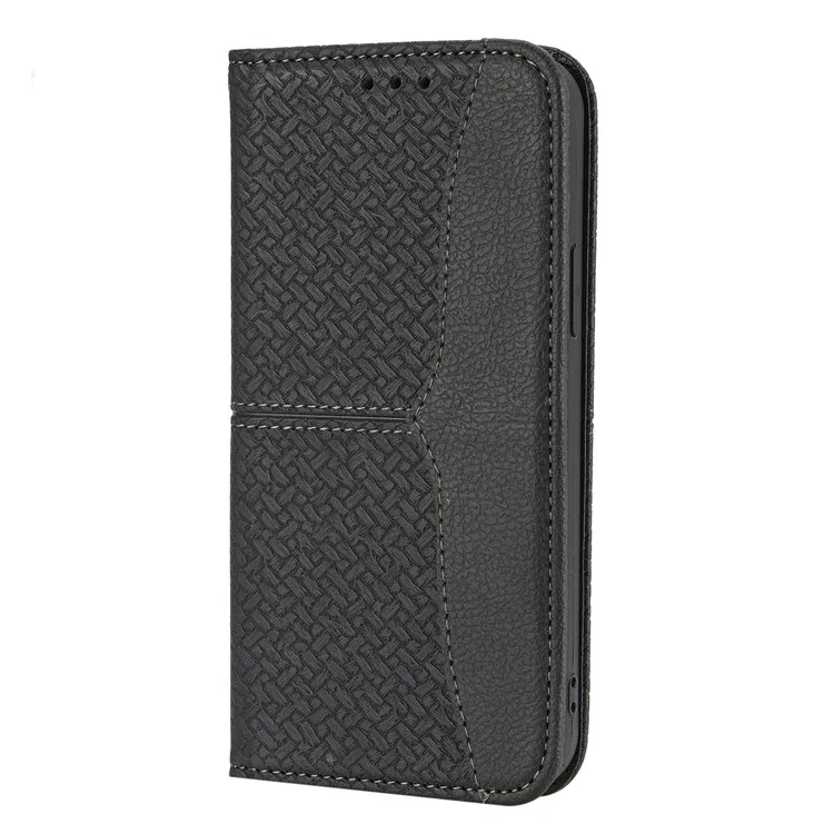 Auto-Absorbed Stylish Anti-Scratch Woven Texture Splicing Wallet Stand Design Leather Case with Handy Strap for iPhone 13 mini 5.4 inch - Schwarz