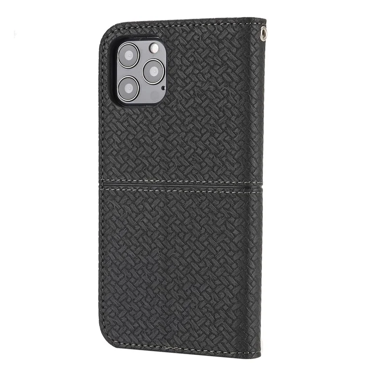 Auto-Absorbed Stylish Anti-Scratch Woven Texture Splicing Wallet Stand Design Leather Case with Handy Strap for iPhone 13 mini 5.4 inch - Schwarz