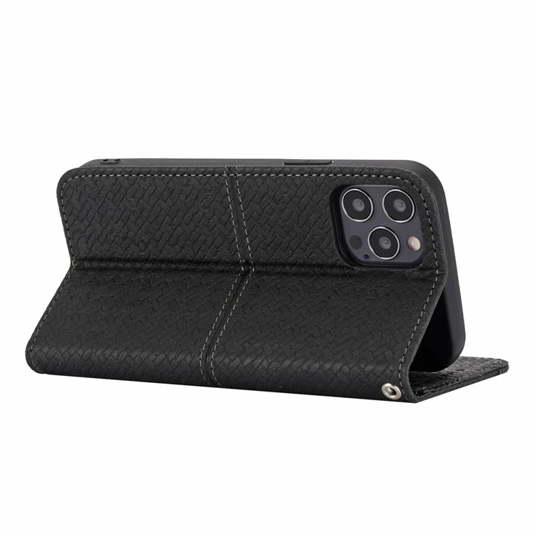 Auto-Absorbed Stylish Anti-Scratch Woven Texture Splicing Wallet Stand Design Leather Case with Handy Strap for iPhone 13 mini 5.4 inch - Schwarz