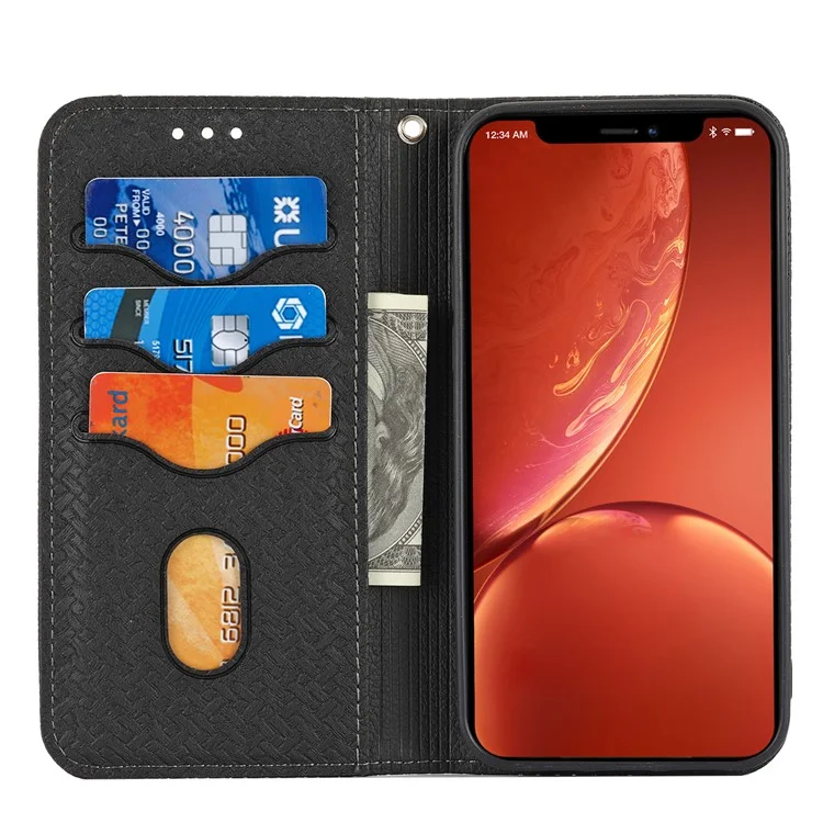Auto-Absorbed Stylish Anti-Scratch Woven Texture Splicing Wallet Stand Design Leather Case with Handy Strap for iPhone 13 mini 5.4 inch - Schwarz