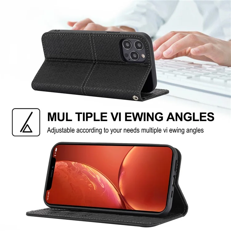 Auto-Absorbed Stylish Anti-Scratch Woven Texture Splicing Wallet Stand Design Leather Case with Handy Strap for iPhone 13 mini 5.4 inch - Schwarz