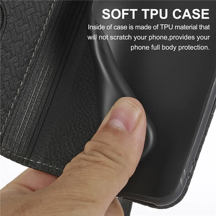 Auto-Absorbed Stylish Anti-Scratch Woven Texture Splicing Wallet Stand Design Leather Case with Handy Strap for iPhone 13 mini 5.4 inch - Schwarz