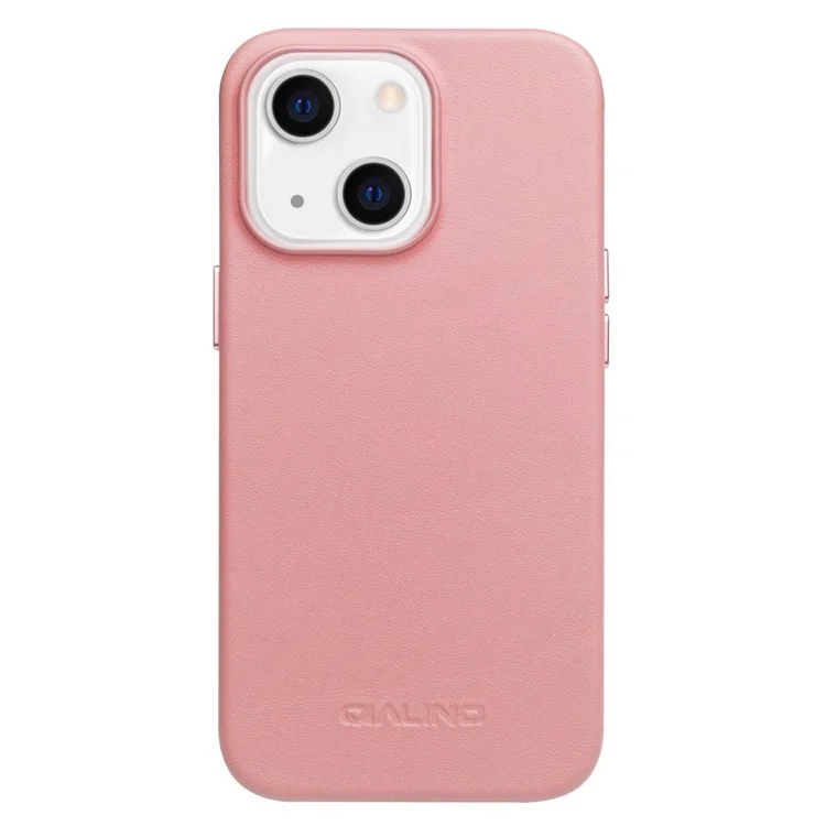 QIALINO Magnetic Absorption Cowhide Leather Coated Phone Case Protector Magnetic Charging for iPhone 13 mini 5.4 inch - Pink