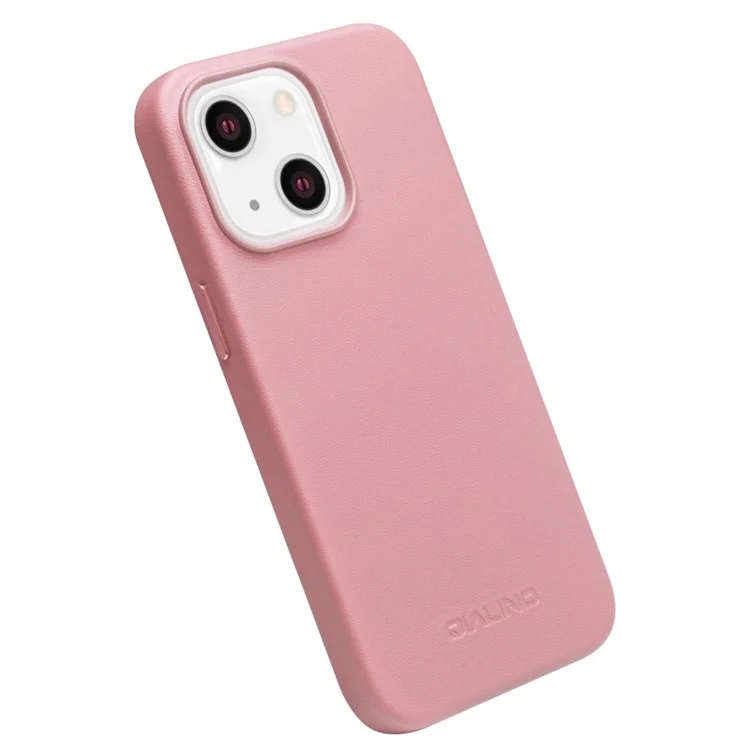 QIALINO Magnetic Absorption Cowhide Leather Coated Phone Case Protector Magnetic Charging for iPhone 13 mini 5.4 inch - Pink