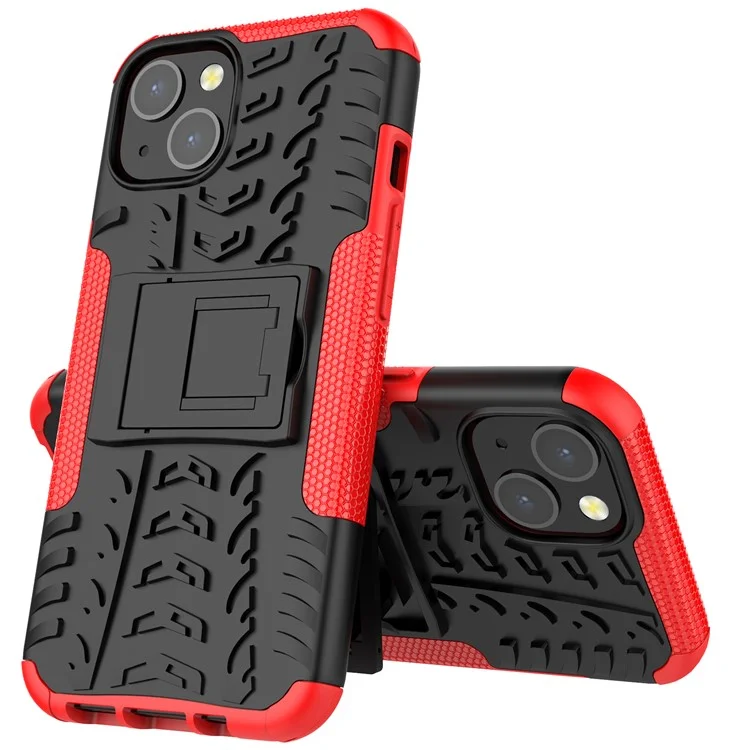 Tire Texture Anti-Drop PC + TPU Protective Cover with Kickstand for iPhone 13 6.1 inch - Red