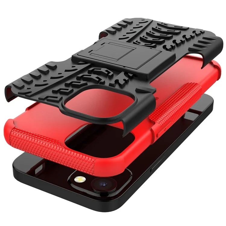 Tire Texture Anti-Drop PC + TPU Protective Cover with Kickstand for iPhone 13 6.1 inch - Red