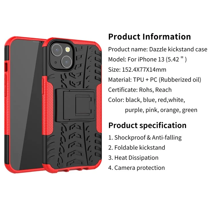 Tire Texture Anti-Drop PC + TPU Protective Cover with Kickstand for iPhone 13 6.1 inch - Red