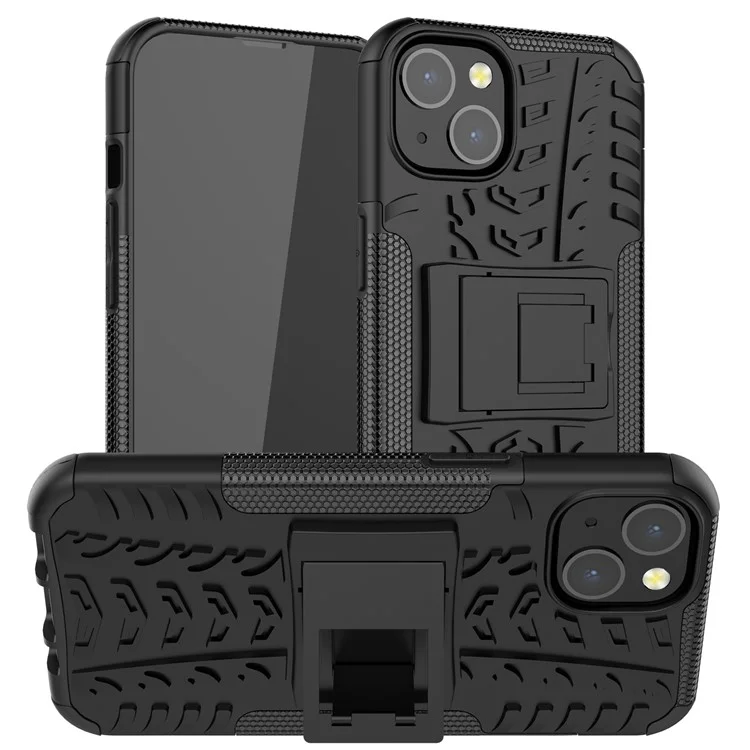 Textura De Pneu Anti-soltar PC + TPU Tampa Protetora Com Kickstand Para IPhone 13 6.1 Polegadas - Preto