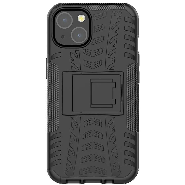 Textura De Pneu Anti-soltar PC + TPU Tampa Protetora Com Kickstand Para IPhone 13 6.1 Polegadas - Preto