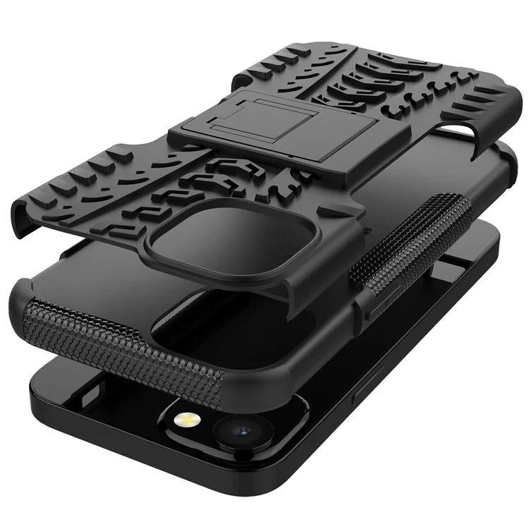 Textura De Pneu Anti-soltar PC + TPU Tampa Protetora Com Kickstand Para IPhone 13 6.1 Polegadas - Preto