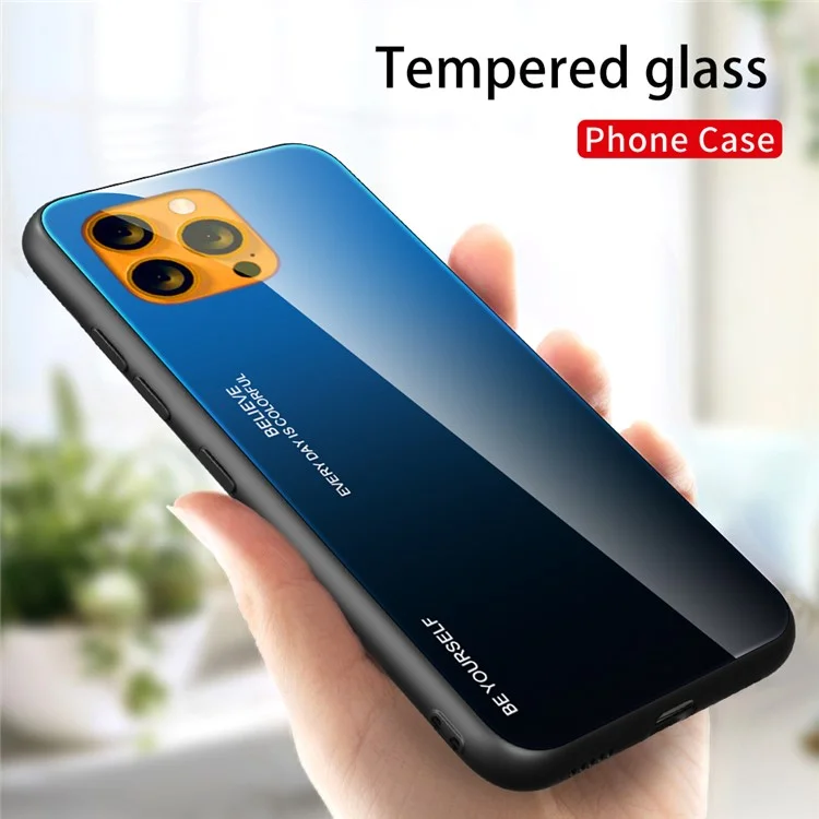 Slim Light Gradient 9H Härte Gehärtetes Glas + TPU Verschleißfeste Anti-Drop-Hybrid-Telefon-Abdeckungs-Hülle Für IPhone 13 Pro 6,1 Zoll - Blau Schwarz