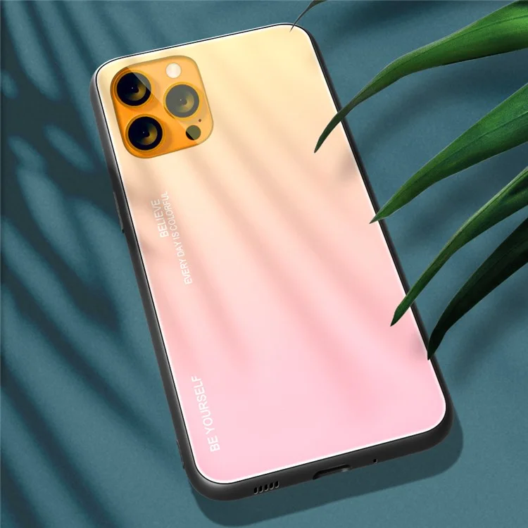 Gradient 9H Hardness Tempered Glass + TPU Scratch-Resistant Anti-Drop Thin Light Hybrid Phone Cover Case for iPhone 13 6.1 inch - Gold/Pink